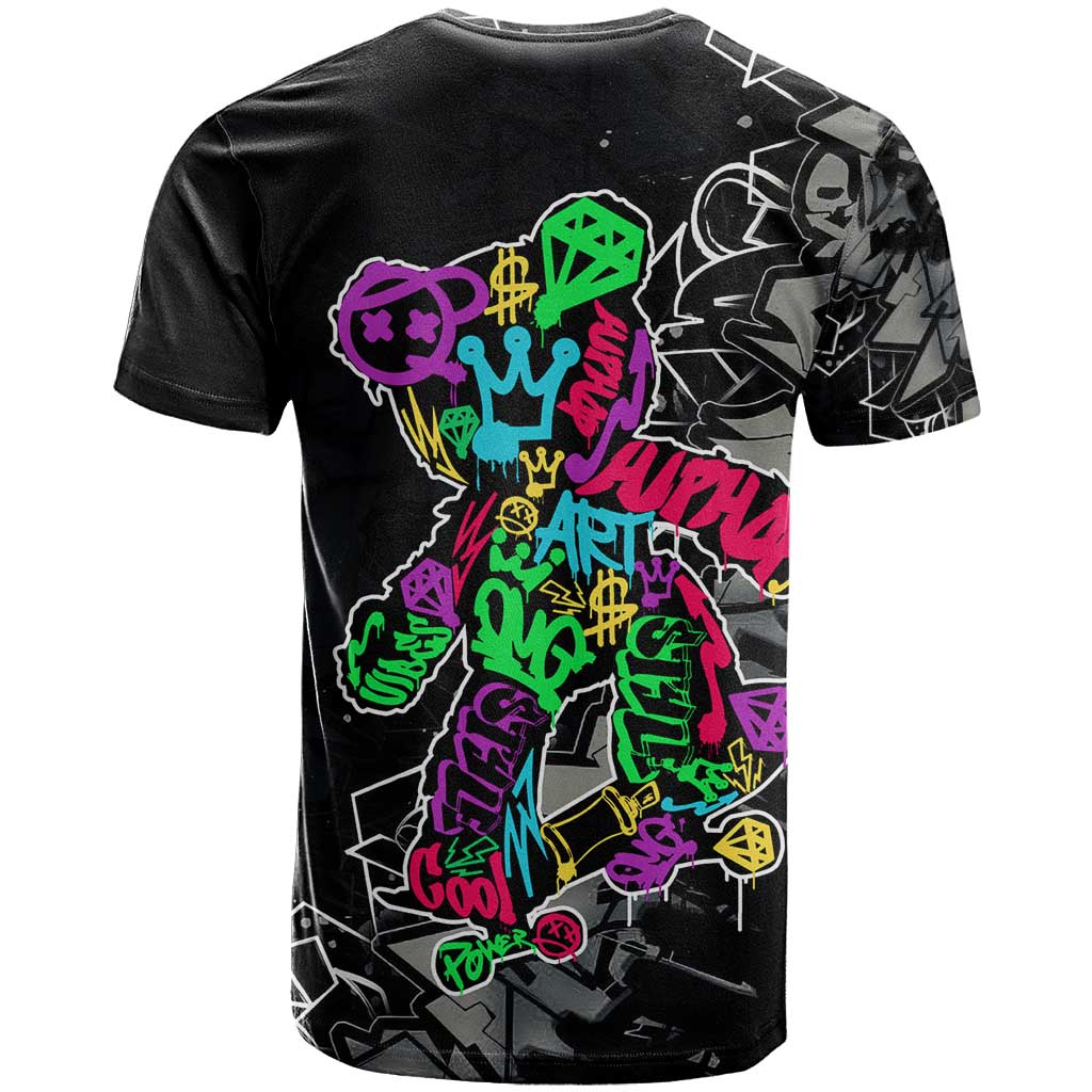 Teddy Bear Hip Hop Graffiti Street Art T-Shirt Crown Shades and Colorful Spray Paint Design Graphic Tee