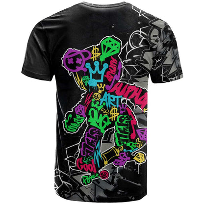 Teddy Bear Hip Hop Graffiti Street Art T-Shirt Crown Shades and Colorful Spray Paint Design Graphic Tee