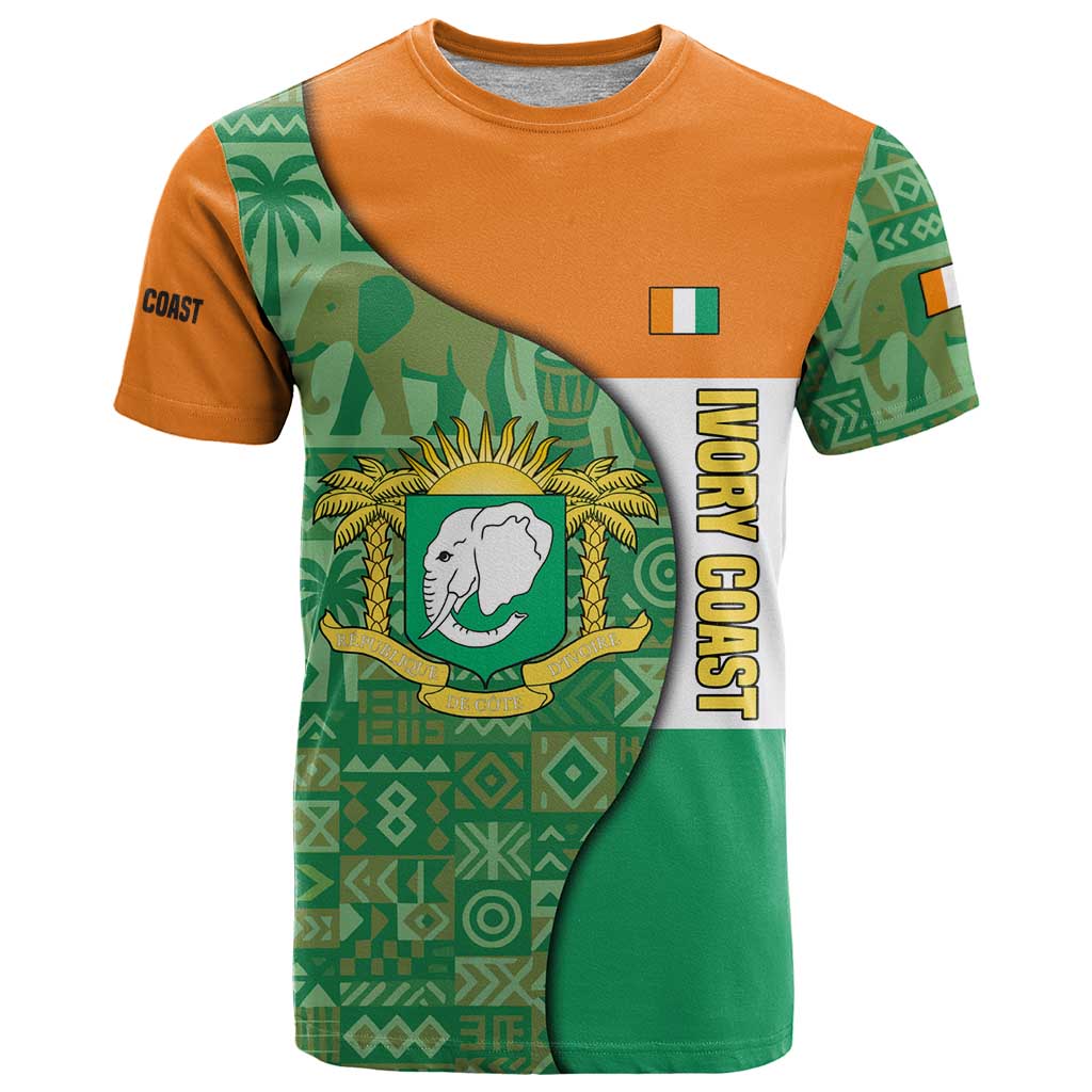 Ivory Coast T-Shirt with Elephant Crest and Tribal Pattern Design Graphic Tee
