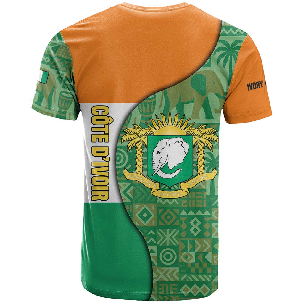 Ivory Coast T-Shirt with Elephant Crest and Tribal Pattern Design Graphic Tee