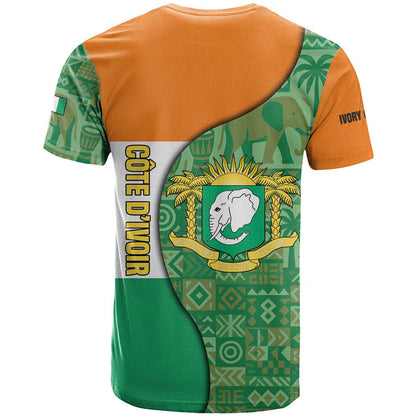 Ivory Coast T-Shirt with Elephant Crest and Tribal Pattern Design Graphic Tee
