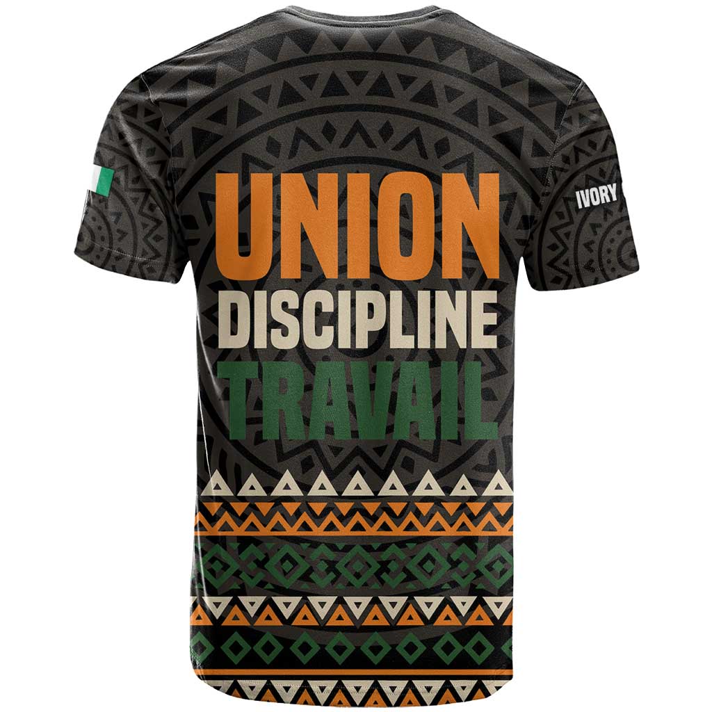 Ivory Coast T-Shirt with Ethnic Geometric Pattern and National Motto Design Graphic Tee