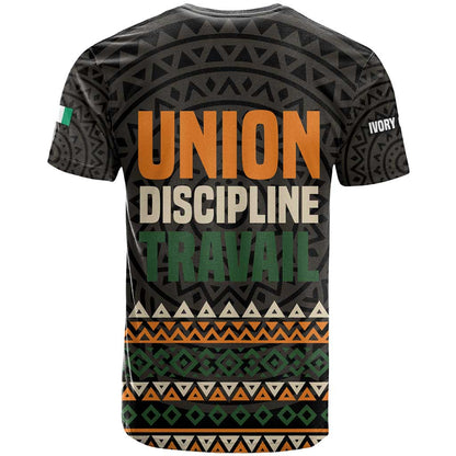 Ivory Coast T-Shirt with Ethnic Geometric Pattern and National Motto Design Graphic Tee
