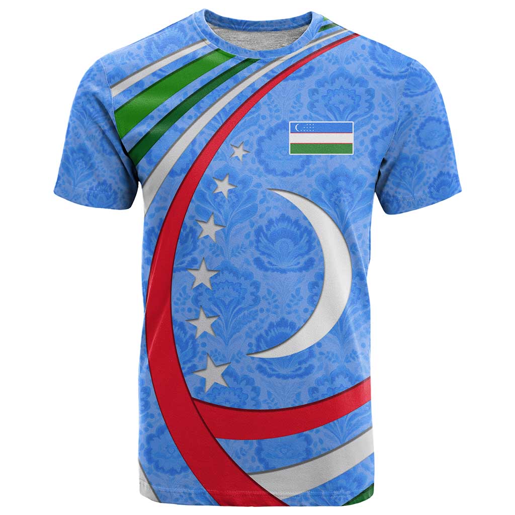Uzbekistan T-Shirt with Crescent Star and Ornamental Swirl Design Graphic Tee