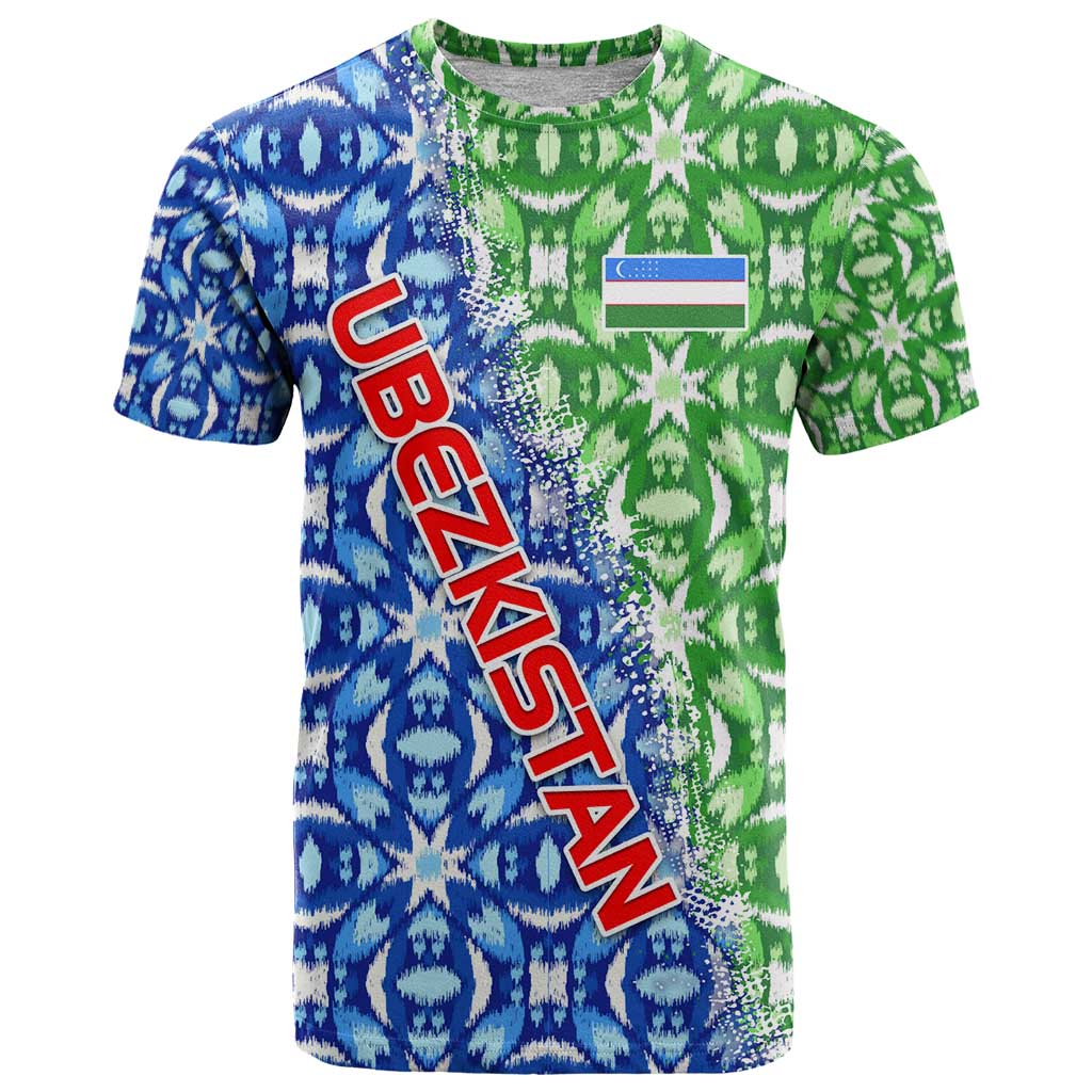Uzbekistan T-Shirt with Ikat Pattern and National Coat of Arms Design Graphic Tee