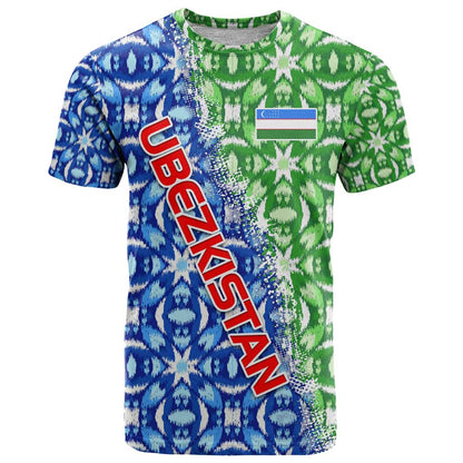 Uzbekistan T-Shirt with Ikat Pattern and National Coat of Arms Design Graphic Tee