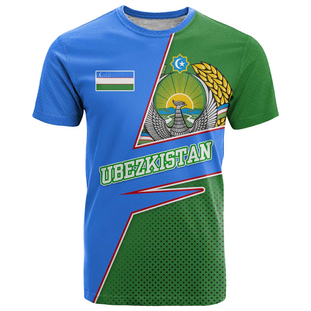 Uzbekistan T-Shirt with National Coat of Arms and Modern Gradient Design Graphic Tee
