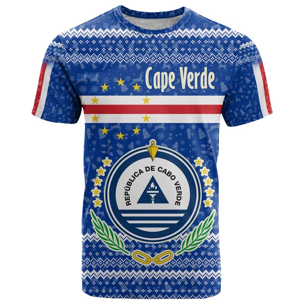 Cape Verde Christmas T-Shirt with Blue Festive Pattern Sailing Santa and National Emblem Motif Graphic Tee