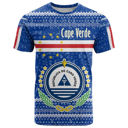 Cape Verde Christmas T-Shirt with Blue Festive Pattern Sailing Santa and National Emblem Motif Graphic Tee