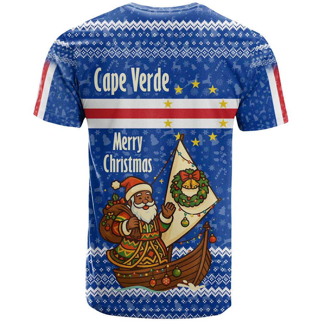 Cape Verde Christmas T-Shirt with Blue Festive Pattern Sailing Santa and National Emblem Motif Graphic Tee