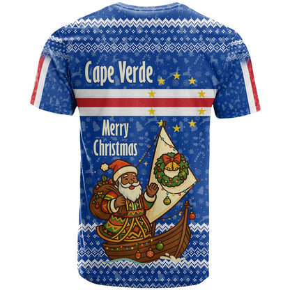 Cape Verde Christmas T-Shirt with Blue Festive Pattern Sailing Santa and National Emblem Motif Graphic Tee