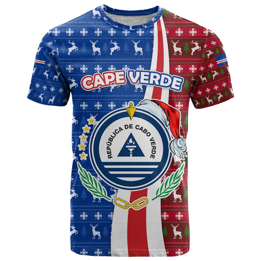Cape Verde Christmas T-Shirt with Red and Blue Festive Pattern Christmas Tree and National Emblem Motif Graphic Tee