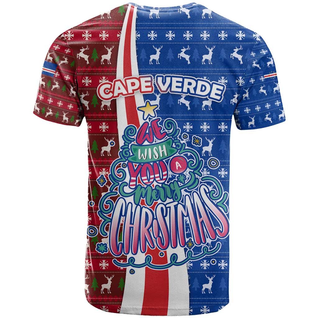 Cape Verde Christmas T-Shirt with Red and Blue Festive Pattern Christmas Tree and National Emblem Motif Graphic Tee