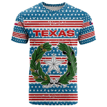 Texas Christmas T-Shirt with Blue and Red Striped Festive Pattern Lone Star and Santa Motif Graphic Tee