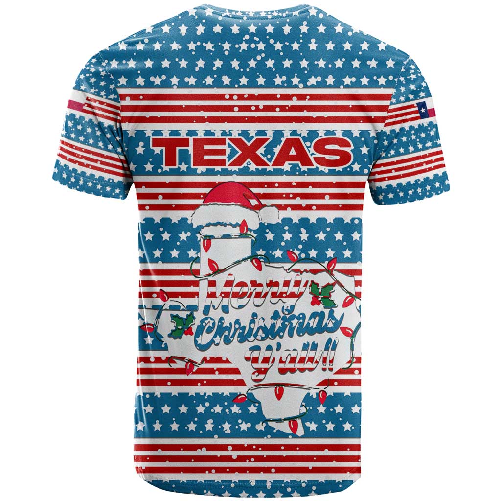 Texas Christmas T-Shirt with Blue and Red Striped Festive Pattern Lone Star and Santa Motif Graphic Tee