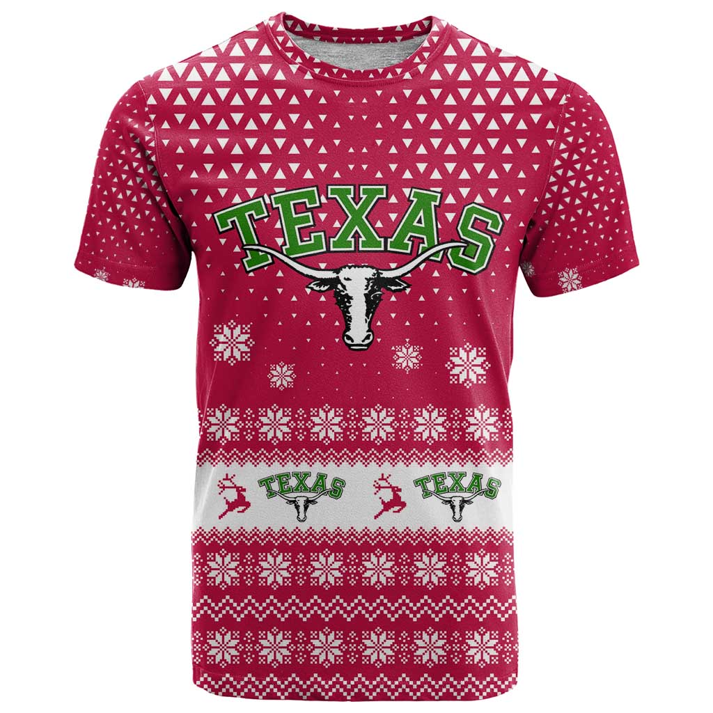 Texas Christmas T-Shirt with Red and White Snowflake Pattern Longhorn Skull and Christmas Cactus Motif Graphic Tee