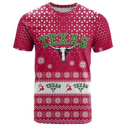 Texas Christmas T-Shirt with Red and White Snowflake Pattern Longhorn Skull and Christmas Cactus Motif Graphic Tee