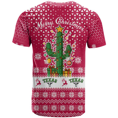 Texas Christmas T-Shirt with Red and White Snowflake Pattern Longhorn Skull and Christmas Cactus Motif Graphic Tee