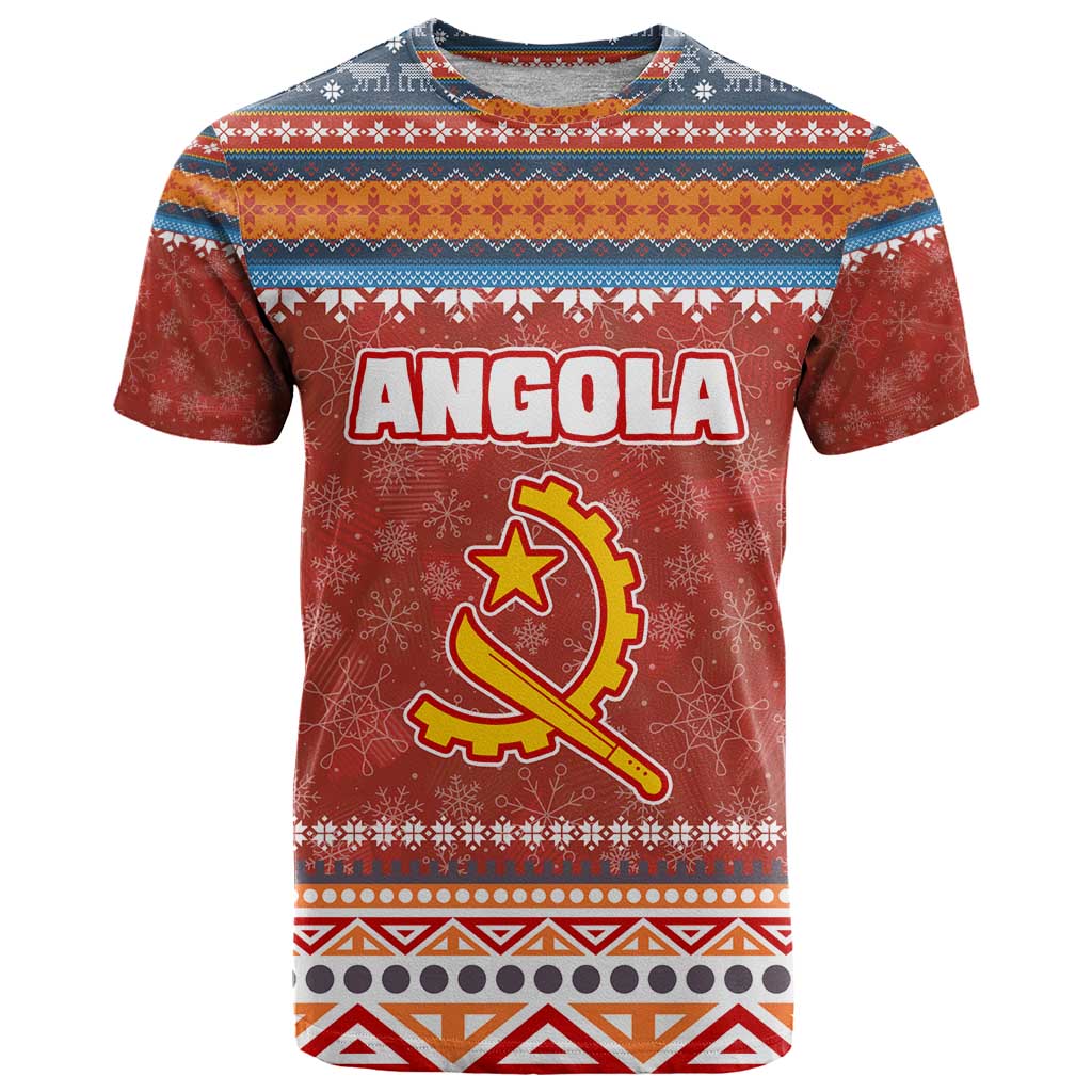 Angola Christmas T-Shirt with Red Snowflake Pattern Tribal Santa Claus Motif Graphic Tee