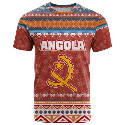 Angola Christmas T-Shirt with Red Snowflake Pattern Tribal Santa Claus Motif Graphic Tee