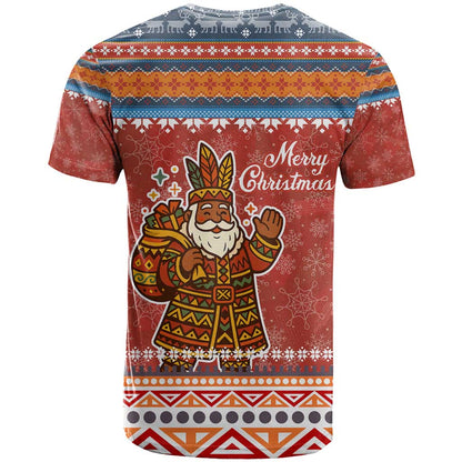 Angola Christmas T-Shirt with Red Snowflake Pattern Tribal Santa Claus Motif Graphic Tee