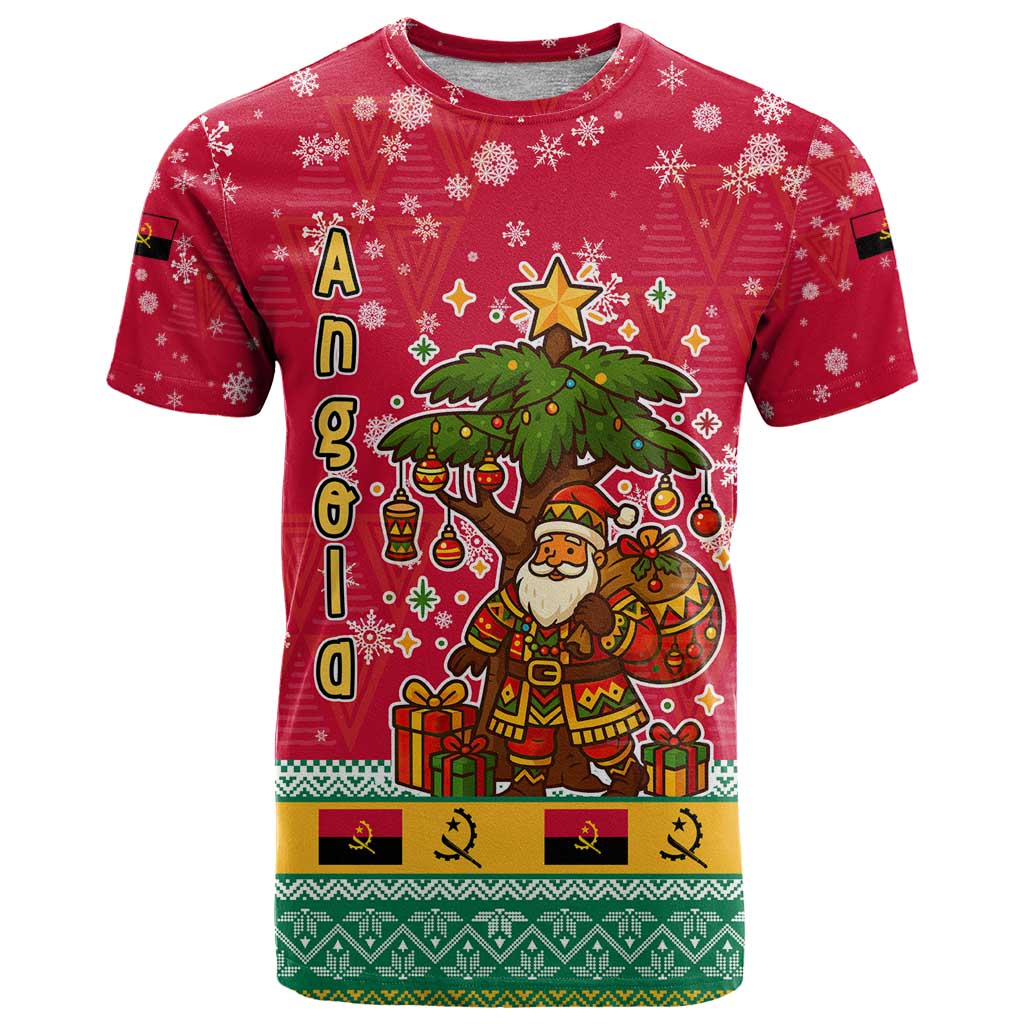 Angola Christmas T-Shirt with Santa, Gifts, and National Flag Map Motif Graphic Tee
