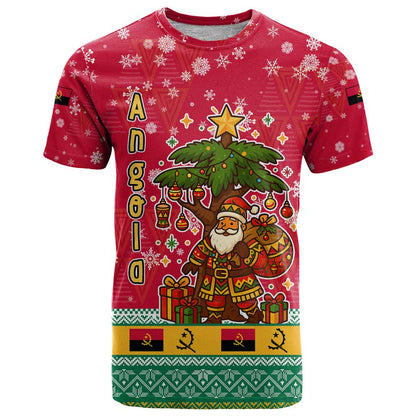 Angola Christmas T-Shirt with Santa, Gifts, and National Flag Map Motif Graphic Tee