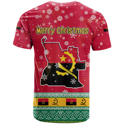 Angola Christmas T-Shirt with Santa, Gifts, and National Flag Map Motif Graphic Tee