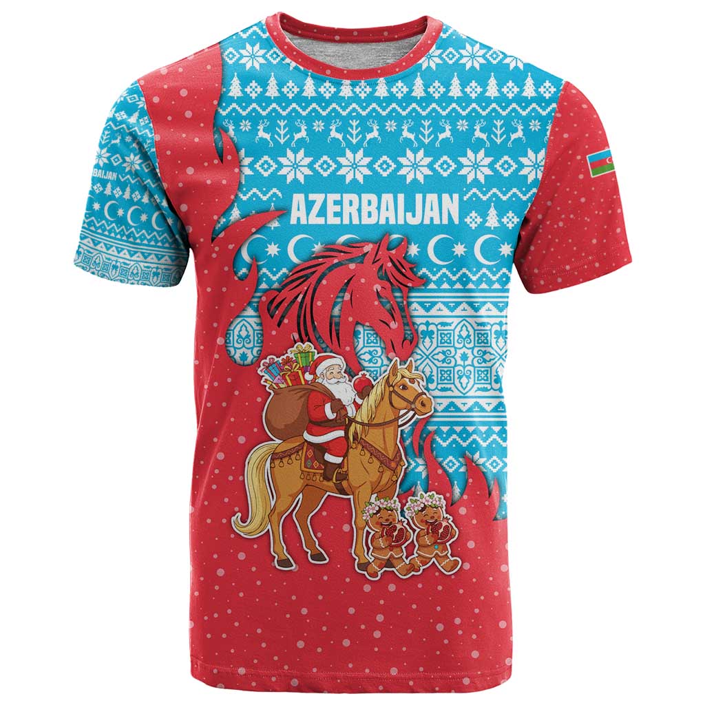 Azerbaijan Christmas T-Shirt with Santa Riding Horse Red Flame Motif and Blue Islamic Pattern Design Graphic Tee