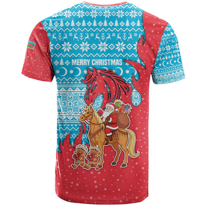 Azerbaijan Christmas T-Shirt with Santa Riding Horse Red Flame Motif and Blue Islamic Pattern Design Graphic Tee