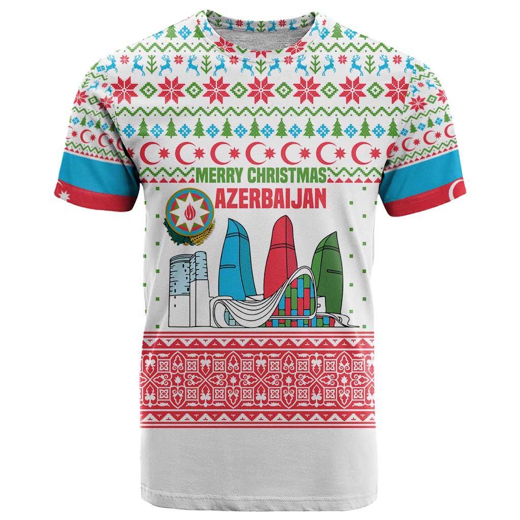 Azerbaijan Christmas T-Shirt with Baku Skyline Azerbaijan Flag and Red Green Snowflake Pattern Design Graphic Tee