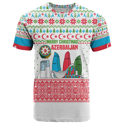 Azerbaijan Christmas T-Shirt with Baku Skyline Azerbaijan Flag and Red Green Snowflake Pattern Design Graphic Tee