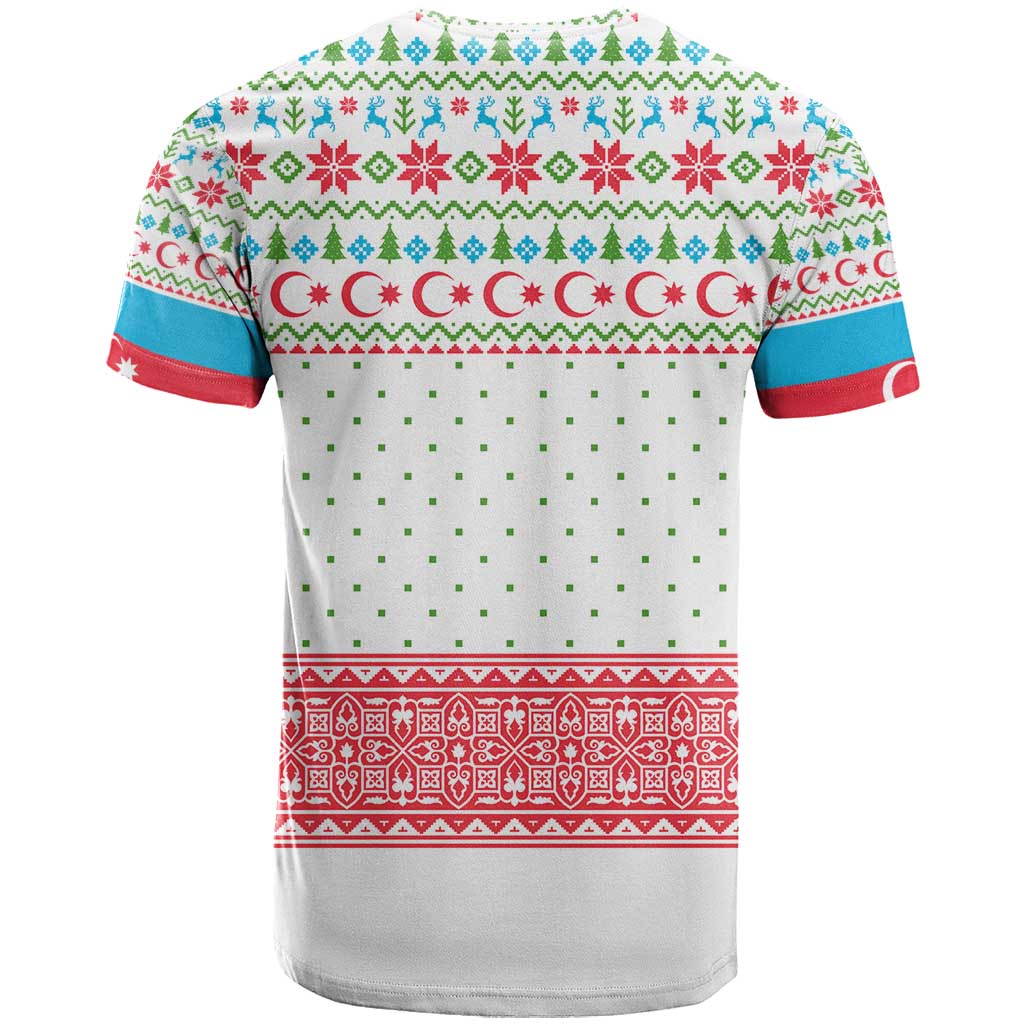 Azerbaijan Christmas T-Shirt with Baku Skyline Azerbaijan Flag and Red Green Snowflake Pattern Design Graphic Tee