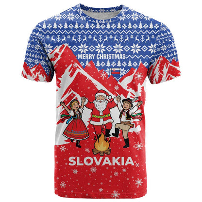 Slovakia Christmas T-Shirt with Santa and Dancers by Campfire Snowy Mountains and Red Blue Snowflake Pattern Design Graphic Tee