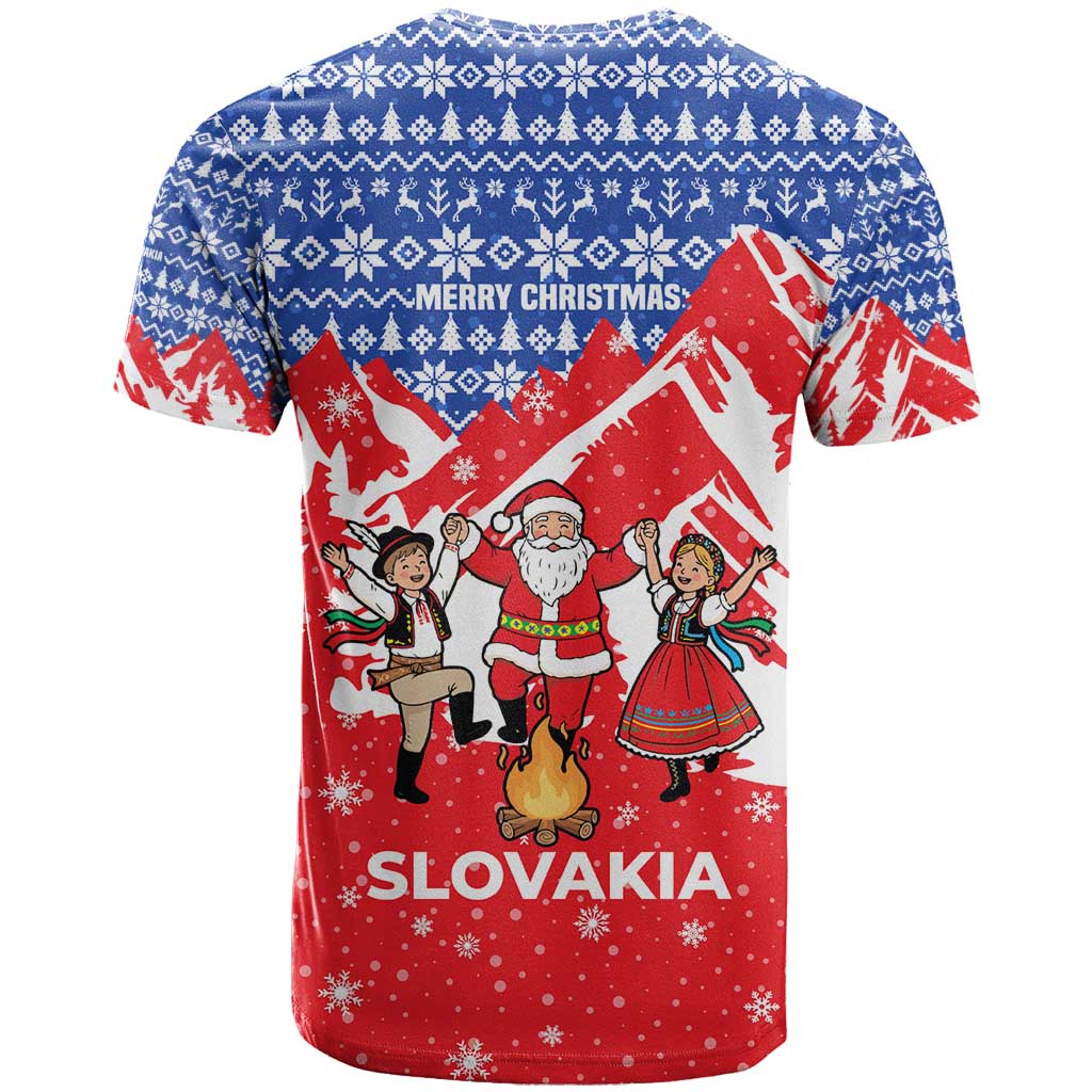 Slovakia Christmas T-Shirt with Santa and Dancers by Campfire Snowy Mountains and Red Blue Snowflake Pattern Design Graphic Tee