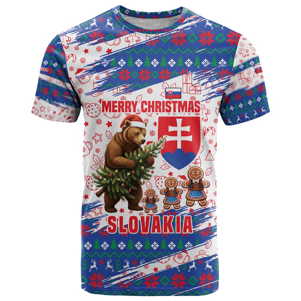 Slovakia Christmas T-Shirt with Bear Holding Tree Gingerbread Cookies and Red Blue Snowflake Pattern Design Graphic Tee