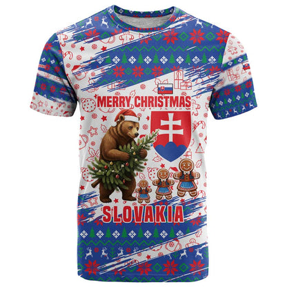 Slovakia Christmas T-Shirt with Bear Holding Tree Gingerbread Cookies and Red Blue Snowflake Pattern Design Graphic Tee