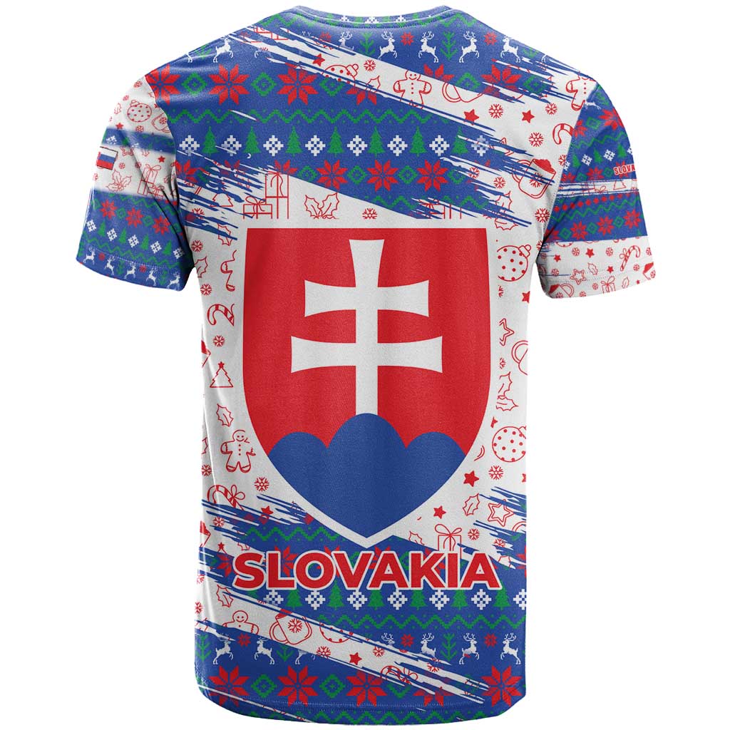 Slovakia Christmas T-Shirt with Bear Holding Tree Gingerbread Cookies and Red Blue Snowflake Pattern Design Graphic Tee
