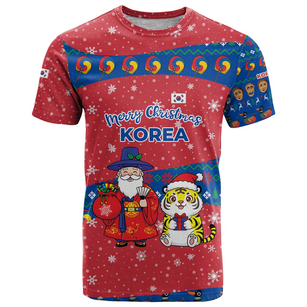 Korea Christmas T-Shirt with Santa in Hanbok Tiger Character and Traditional Mask Pattern Design Graphic Tee