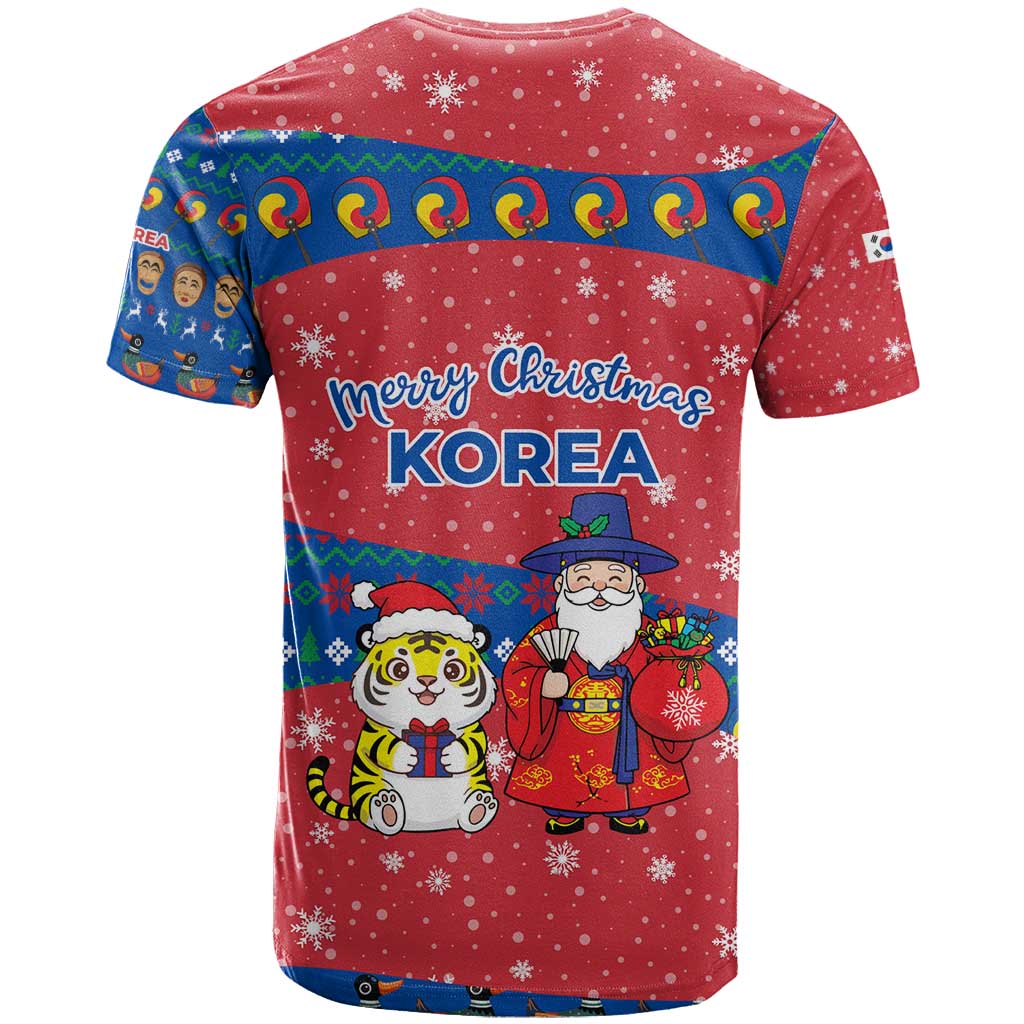 Korea Christmas T-Shirt with Santa in Hanbok Tiger Character and Traditional Mask Pattern Design Graphic Tee