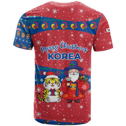 Korea Christmas T-Shirt with Santa in Hanbok Tiger Character and Traditional Mask Pattern Design Graphic Tee