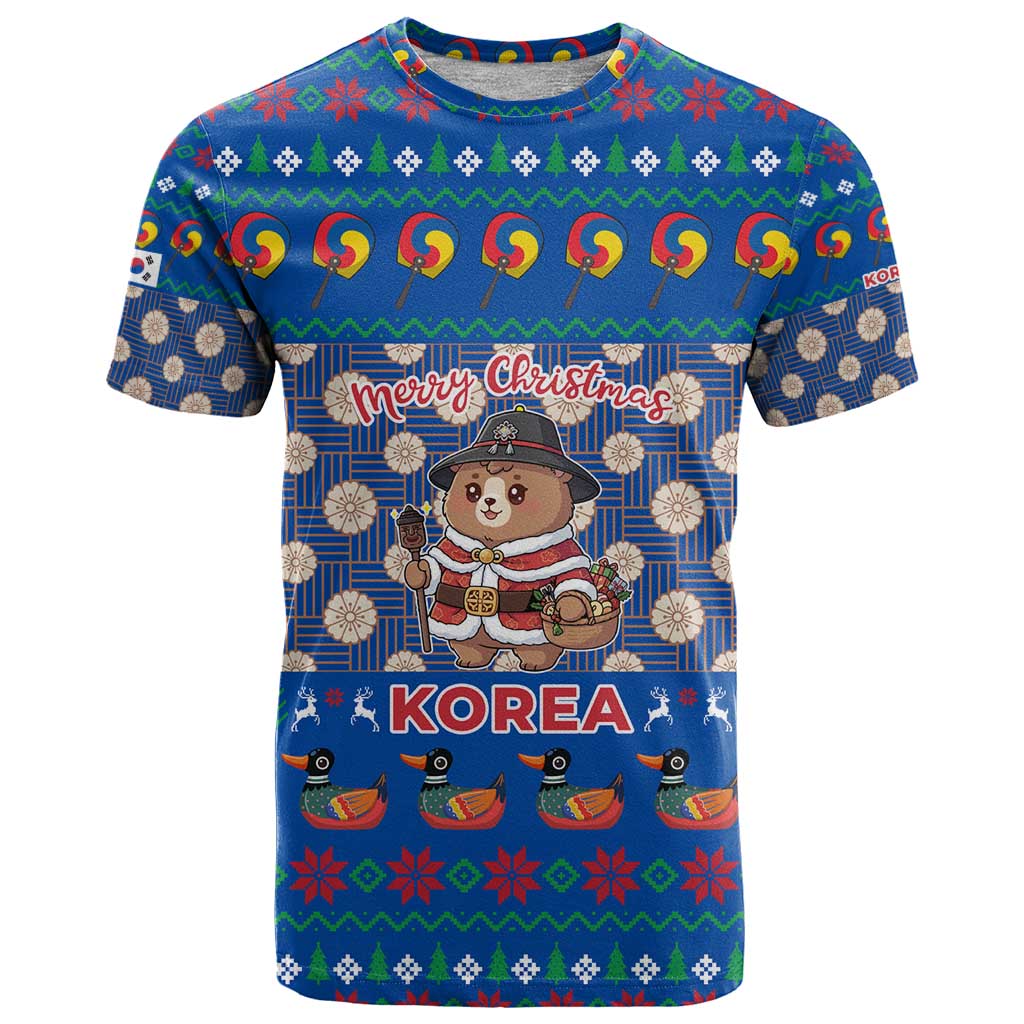 Korea Christmas T-Shirt with Bear in Hanbok National Emblem and Traditional Boat Pattern Design Graphic Tee