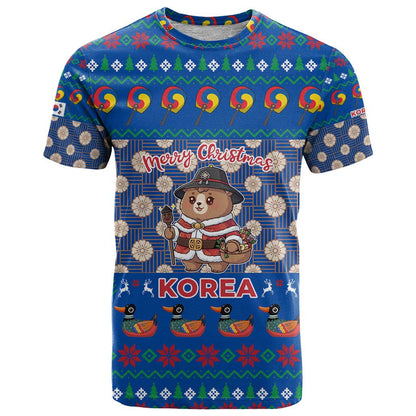Korea Christmas T-Shirt with Bear in Hanbok National Emblem and Traditional Boat Pattern Design Graphic Tee