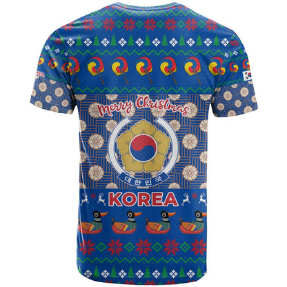 Korea Christmas T-Shirt with Bear in Hanbok National Emblem and Traditional Boat Pattern Design Graphic Tee