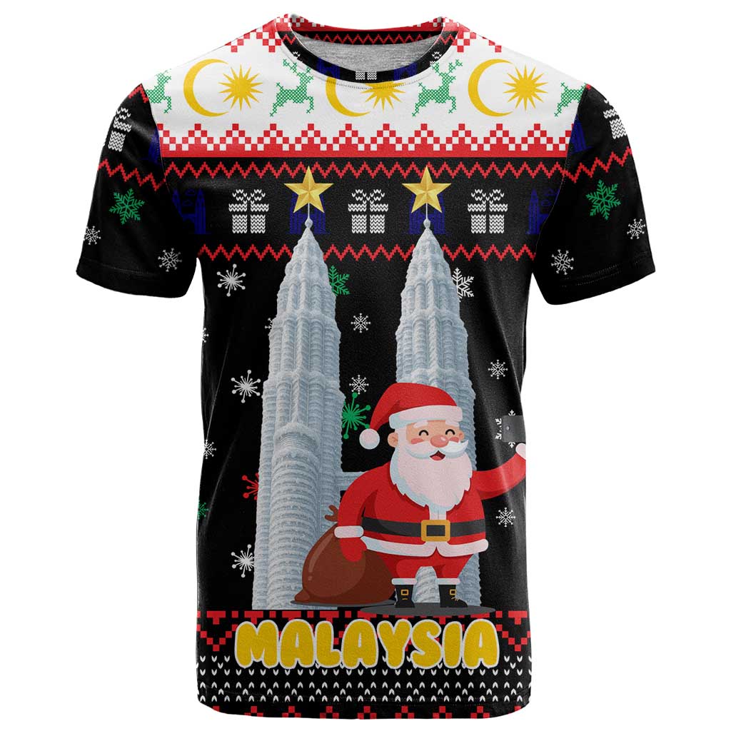 Malaysia Christmas T-Shirt with Santa Claus Petronas Towers Snowflakes and Festive Icons Graphic Tee