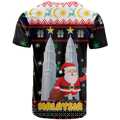 Malaysia Christmas T-Shirt with Santa Claus Petronas Towers Snowflakes and Festive Icons Graphic Tee