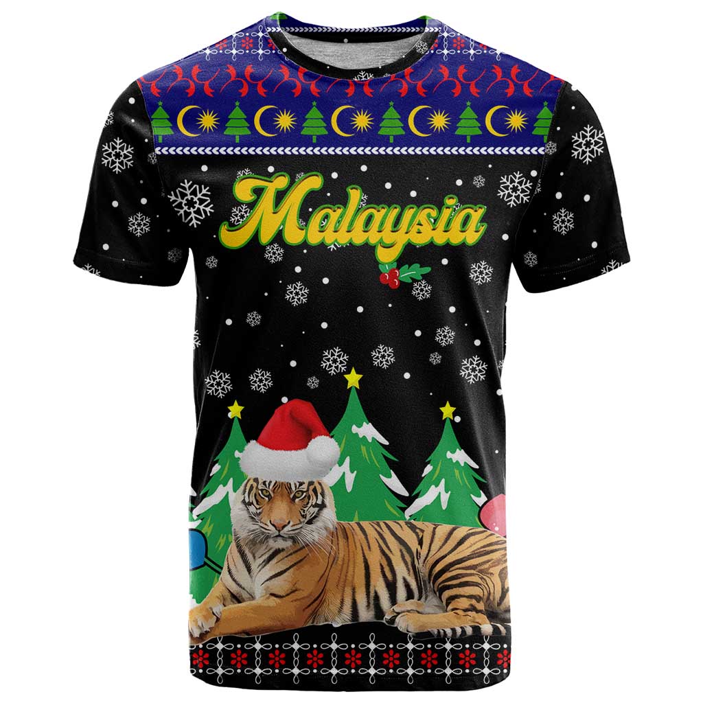 Malaysia Christmas T-Shirt with Tiger Santa Hat Snowflakes and Holiday Tree Pattern Graphic Tee