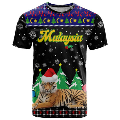 Malaysia Christmas T-Shirt with Tiger Santa Hat Snowflakes and Holiday Tree Pattern Graphic Tee