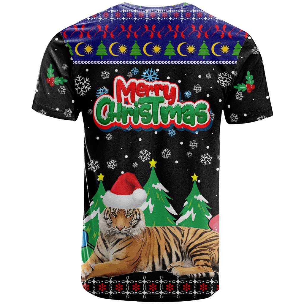 Malaysia Christmas T-Shirt with Tiger Santa Hat Snowflakes and Holiday Tree Pattern Graphic Tee