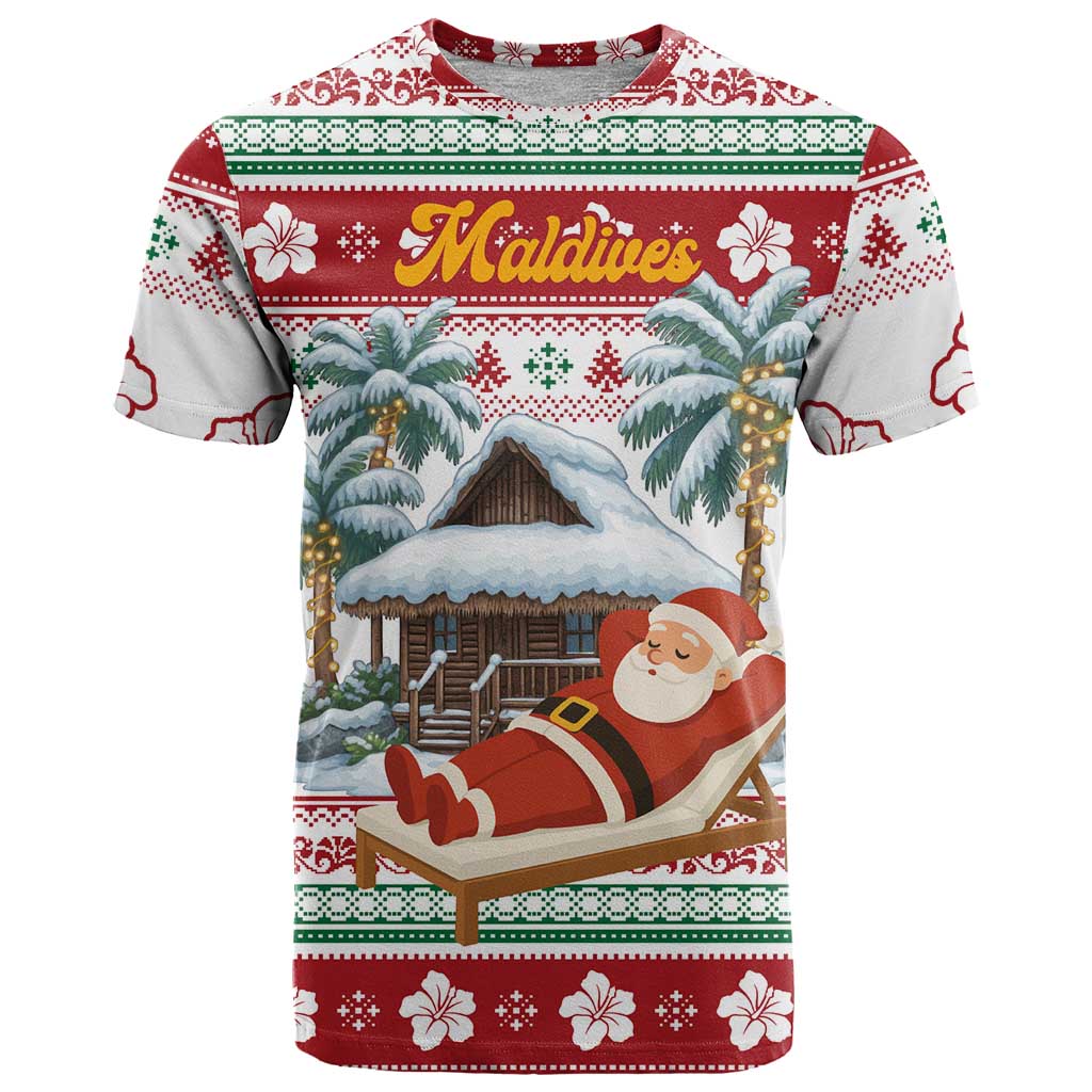 Maldives Christmas T-Shirt with Santa Claus Hammock Palm Trees and Tropical Graphic Tee